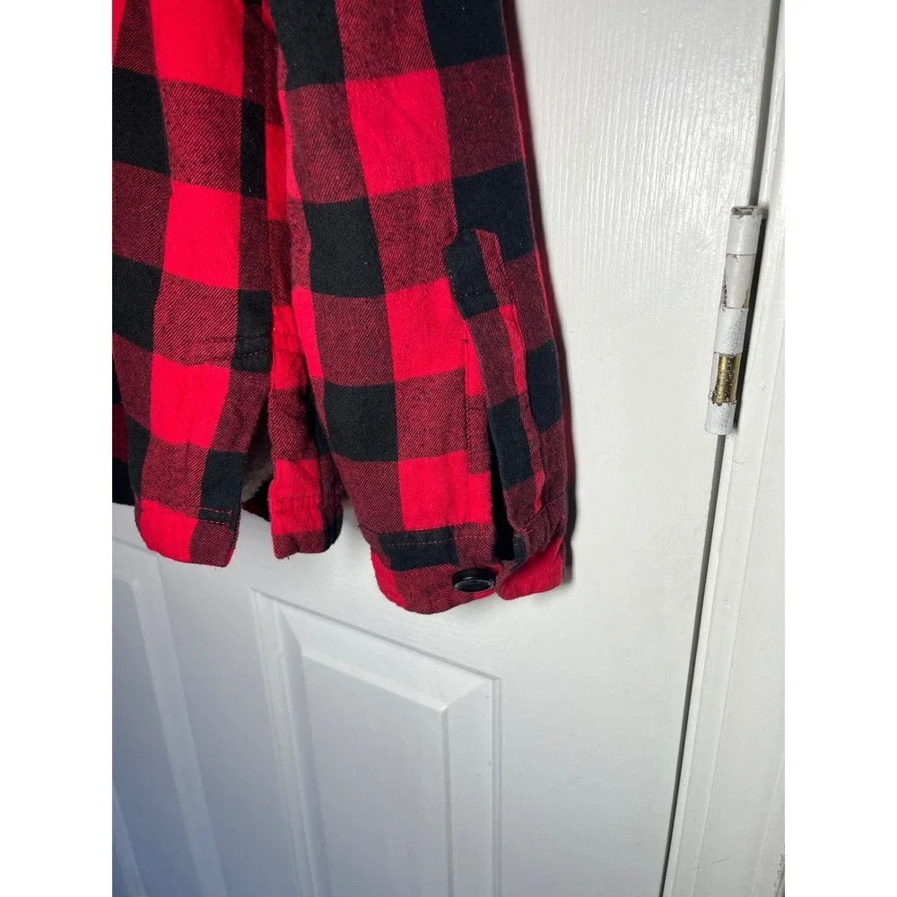 Cabin Core‎ Flannel Jacket Women L Red Black Buffalo Plaid Sherpa Lined Zip Up